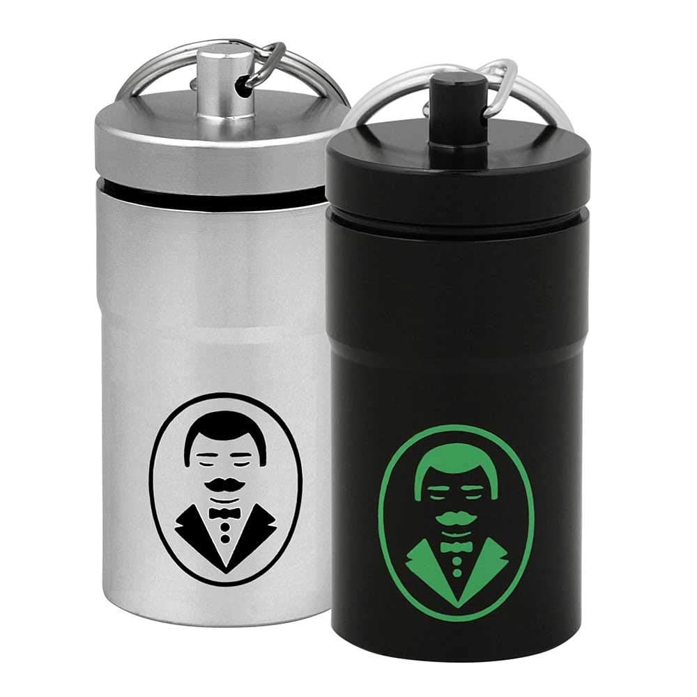 2 Ultra-Portable Stash Jars - Small Airtight Aluminum Smell-Proof Container with Handsome Butler Design for Men & Women - Screw Lid Lock Secures Medications, Herbs, Pills & More - Keychain Fob