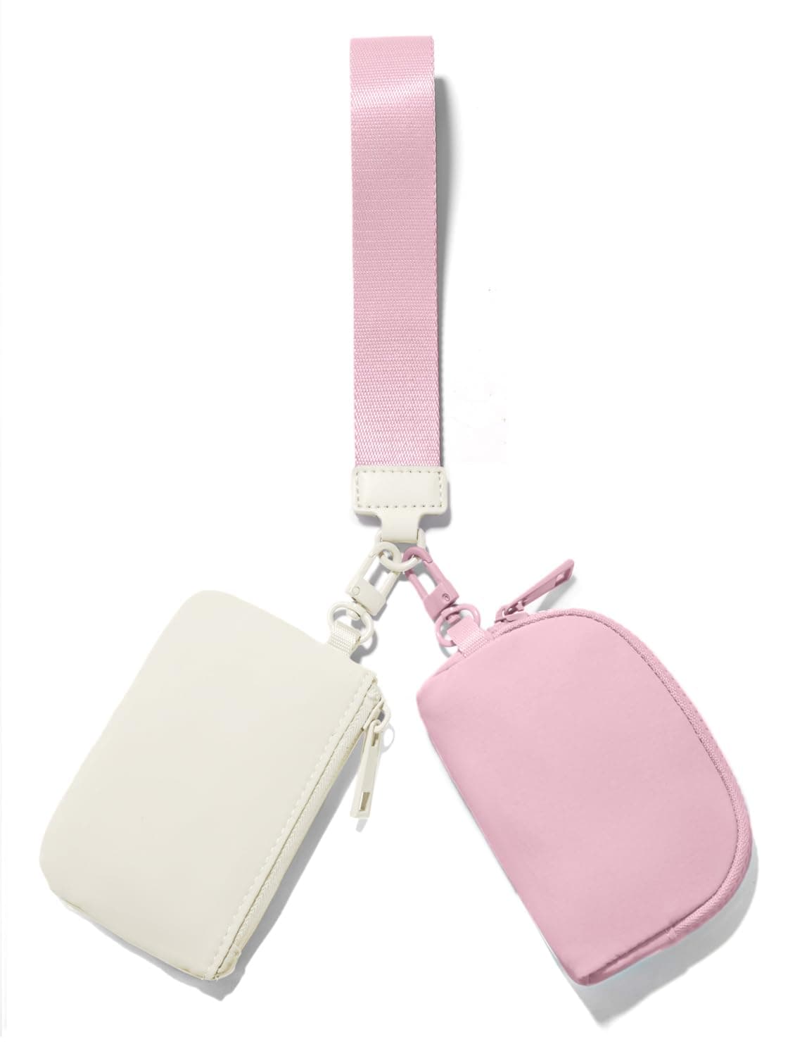 Mini Zip Around Keychain Wristlet Wallets Small Portable Dual Pouch Wristlet Detachable Coin Purse Pocket, Cream White+Pink, Small