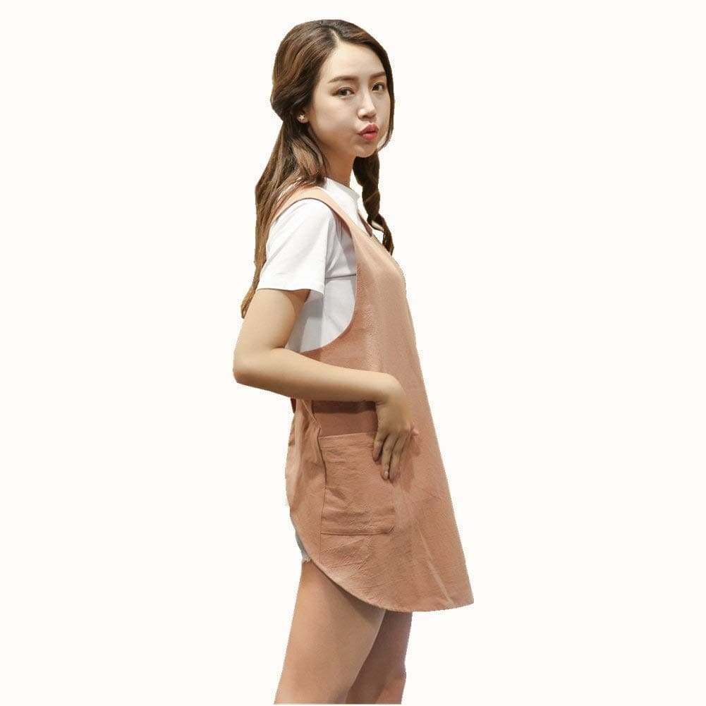 Shortened Design Apron, Japanese Style Soft Cotton Linen Apron with Two Side Pockets, X Cross Halter Aprons, Kitchen Cooking Clothes Gift for Women DIY Project, Crafting, Cooking, Baking(Orange Red)