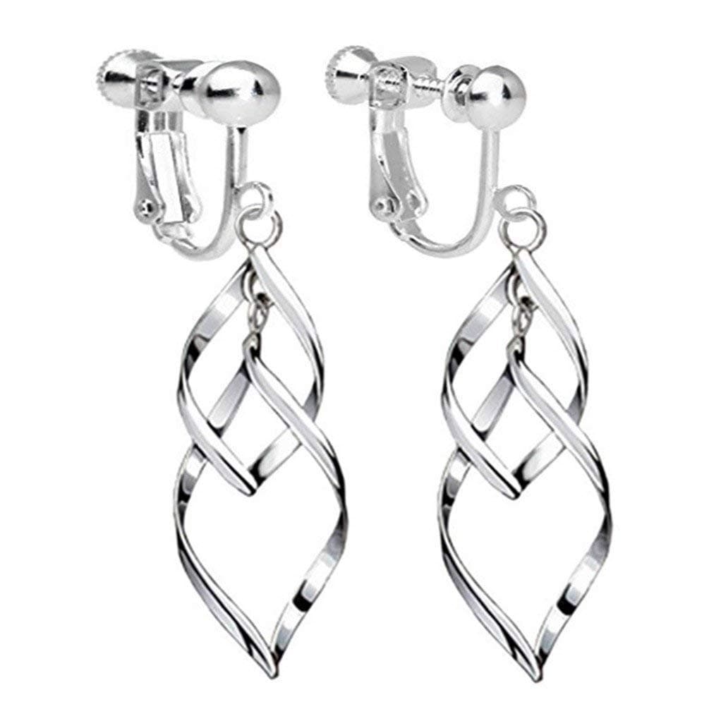 Clip On Earrings Twist Waver Drop Earrings Dangle Silver Tone Plated Proms Gift