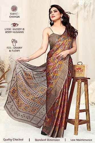 MIRCHI FASHION Women's Plain Weave Chiffon Leaf Printed Saree with Blouse Piece