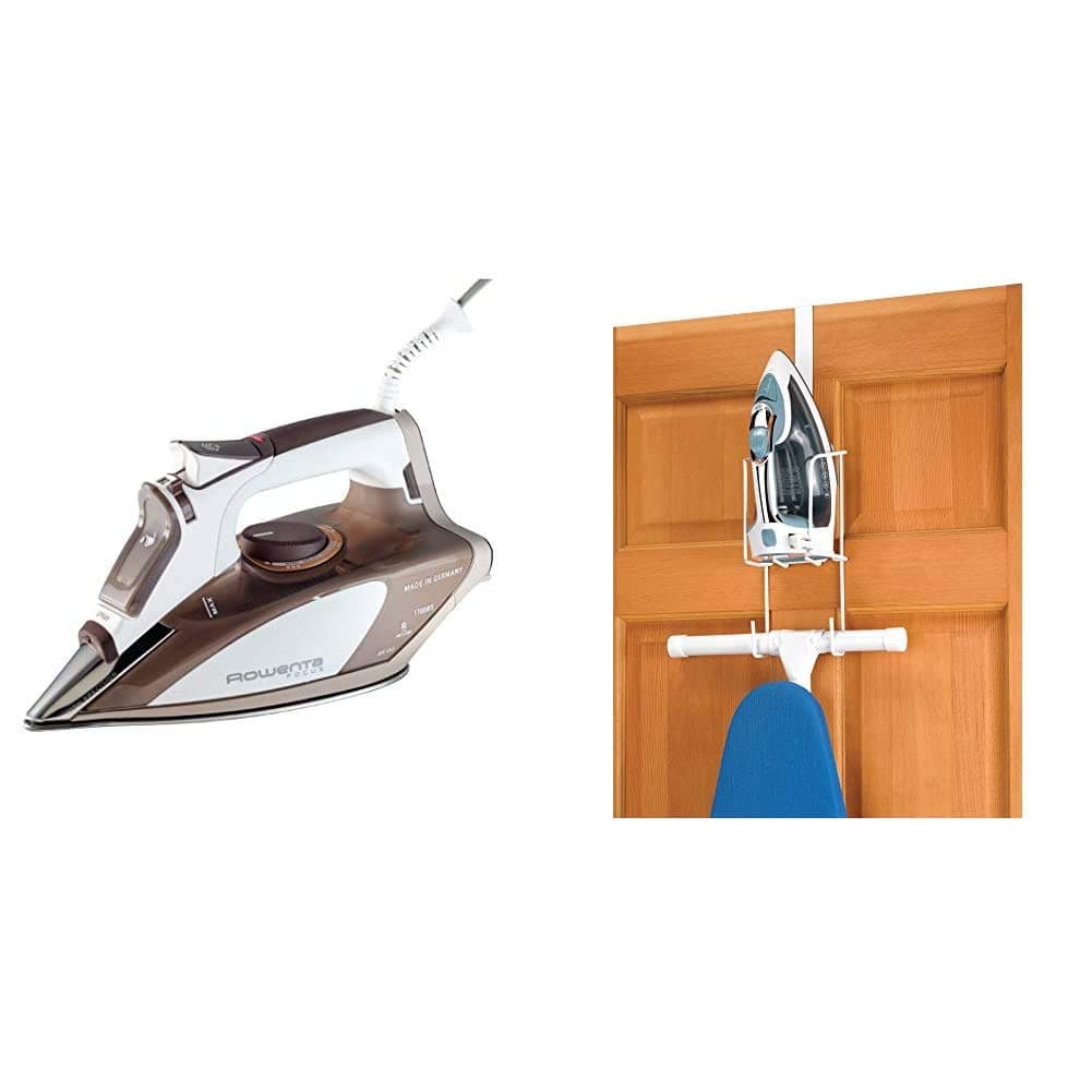Rowenta DW5080 1700-Watt Micro Steam Iron Stainless Steel Soleplate with Auto-Off, 400-Hole, Brown & Whitmor Wire Over The Door Ironing Caddy - Iron and Ironing Board Storage Organizer