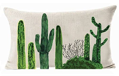 FDROL Hand Painted Green Cactus Plants in The Desert Cotton Linen Cushion Cover Case for Sofa Living Room Family Office Decorative Throw Lumbar Pillow Case 12 X 20 inches ?- ?