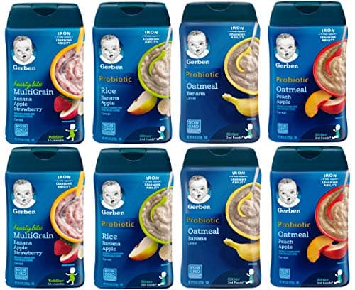 Gerber Baby Cereal Assorted Flavor Variety Pack: Oatmeal & Peach Apple, Rice & Banana Apple, Oatmeal & Banana, Hearty Bits Banana Apple Strawberry. Bundle of 8- 8oz Containers. (2 of each flavor)