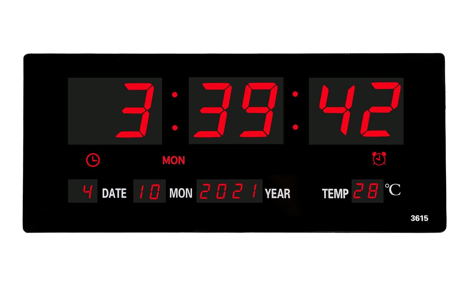 14.1 Inch Red Digital Wall Clock, Date/Day/Temperature Display, Energy Saving LEDs, Foldable Stand