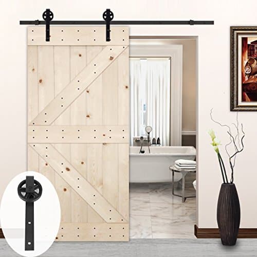 LUBANN 42in.x 84in. Unfinished British Brace Knotty Pine Barn Door with Sliding Door Hardware Kit (Big Wheel)