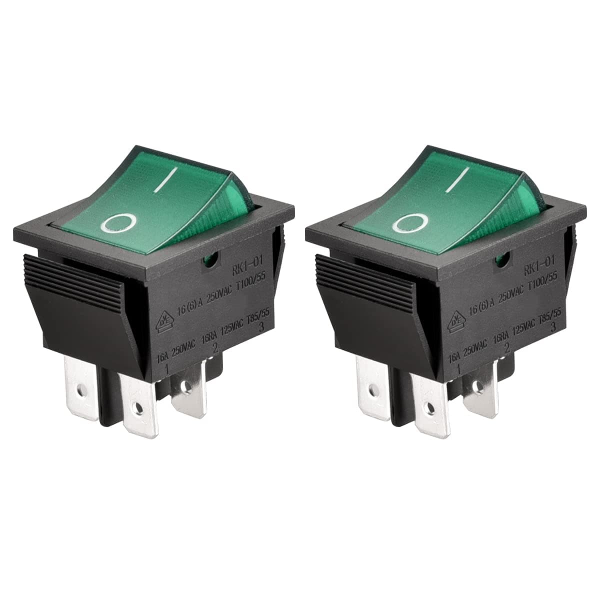 Rocker Switch ON-Off DPST 4 Terminals Green Light 16A 250VAC 2Pack