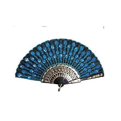 GCIYAEN Beautiful Lady's Silk Hand Fan with Blue Sequins -1 Pcs