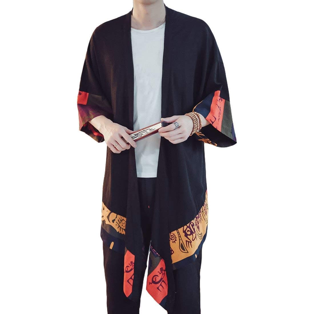HZCX FASHIONMen's Cotton Linen Long Kimono Jackets Open Front Cardigan Cloak