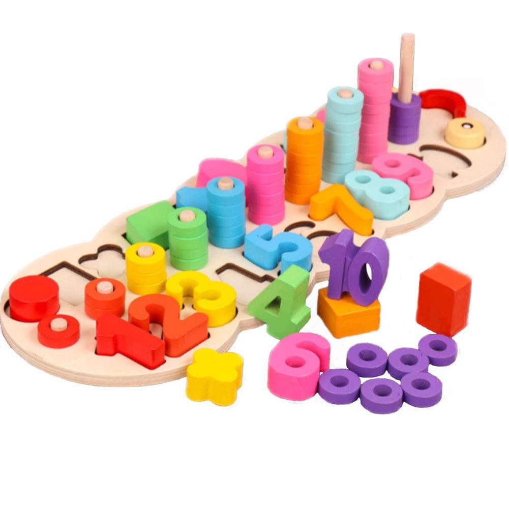 ponny Wooden Shape Sorter Number Counting Toys Preschool Early Educational Stacking Rings Puzzles for Children (style A)