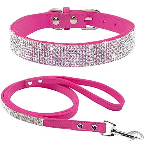 Haoyueer Cute Dazzling Sparkling Elegant Fancy Soft Suede Leather Bling Rhinestone Crystal Jeweled Pet Cat Dog Puppy Collar Dog Leash Combo Set(Hot Pink,L 38-46 cm)