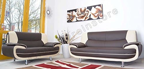 Passero 3+2 Seater Brown and Cream Faux Leather Sofa Suite Settee Couch