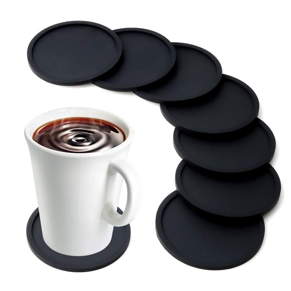 Silicone Drink Coasters Anti-Slip Durable Reusable Coasters for Glasses Cups Mugs, Perfect to Protect Patio Furniture, Dinner Table or Bar, No More Water Rings and Wet Sticky Tables (Black)