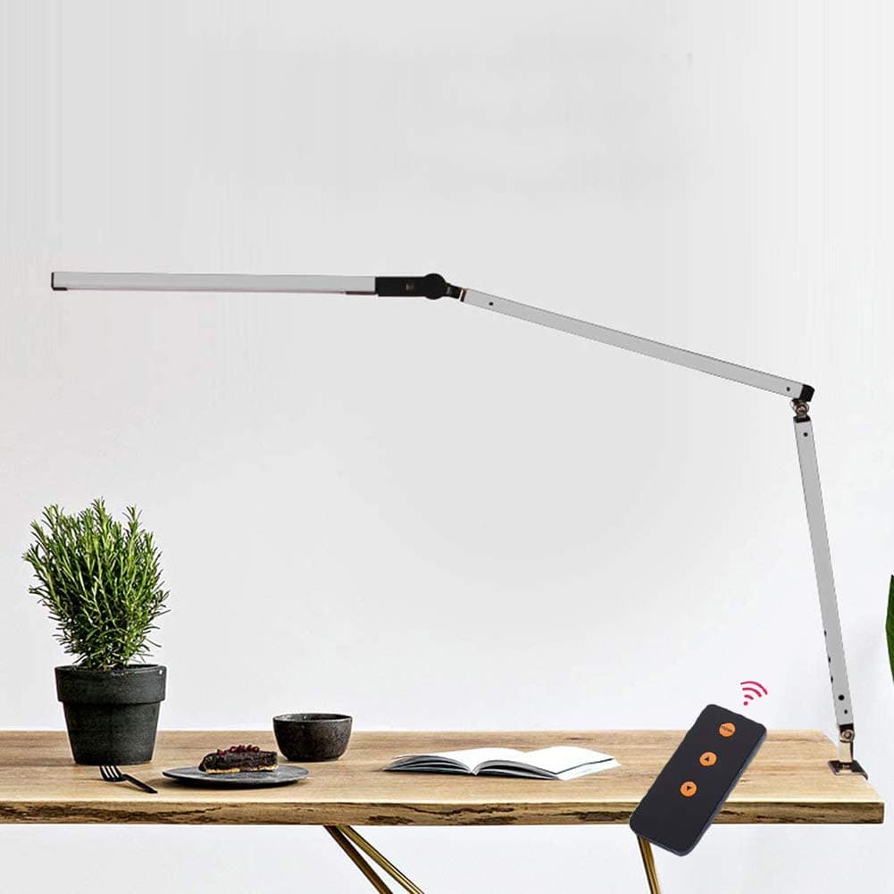 ABRRLO Desk Lamp Study Office Led Gray Table Lamp Long Swing Arm Adjustable Eye Care Reading Book Light Folding Bedroom Bedside Lamp with Remote Control