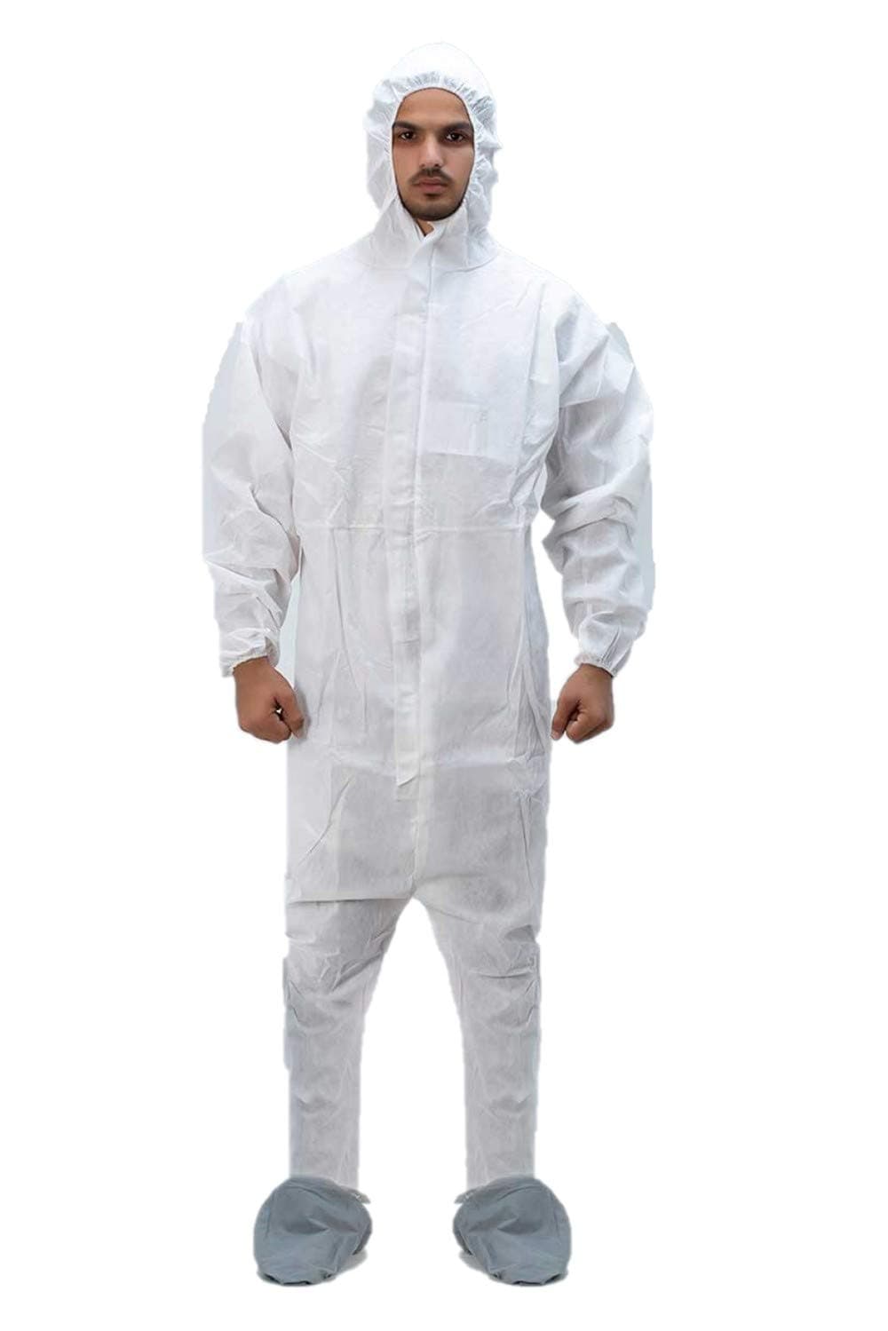 SMS Disposable Coverall Cat 3 TYPE 5-6 with Hood and Boots|Personal Protection Equipment|Full Body Protection|Non-Woven | Elastic at Ankles, Face and Waist |Self-Adhesive Flap at Neck (XXL, White)