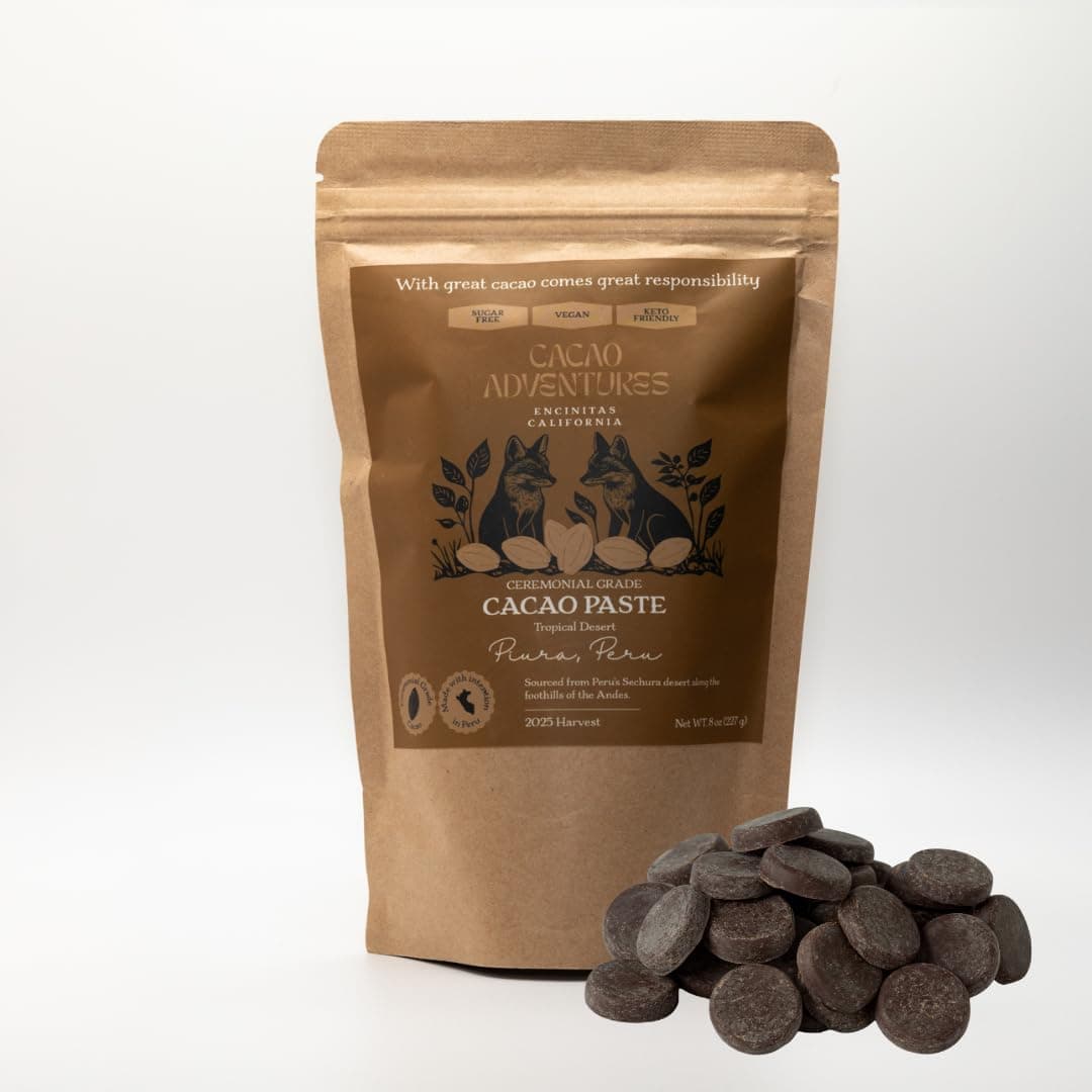 Ceremonial Cacao | Tropical Desert Peru 100% Pure Raw Cacao | Dairy Free & Vegan | Unsweetened | Ethically Sourced and Sustainably Grown | Cacao Ceremony | Piura Blanco, 8 oz