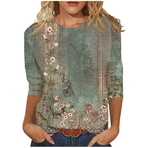 Womens 3/4 Sleeve Tops and Blouses Dressy Casual Floral Print Crewneck Tshirt Tunic Tops Loose Shirts Graphic Tees
