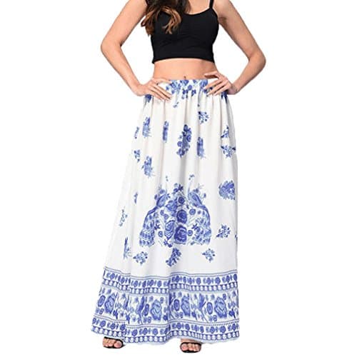 Women's Vintage Fold Over High Waist Floral Print Beach Boho Maxi Long Skirts