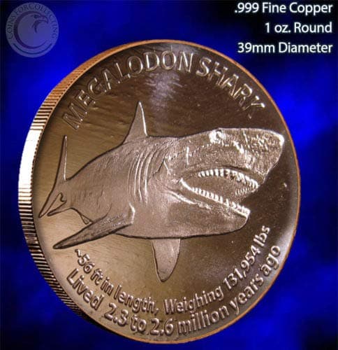 Megalodon Shark 1 oz Copper Coin, 39 mm Round, Bright Mint Fresh