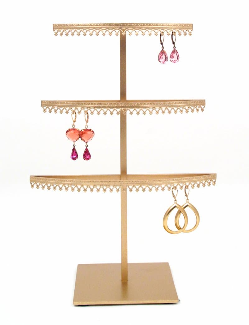 3 Tier Earring Organizer Stand with Crown molding - Gold