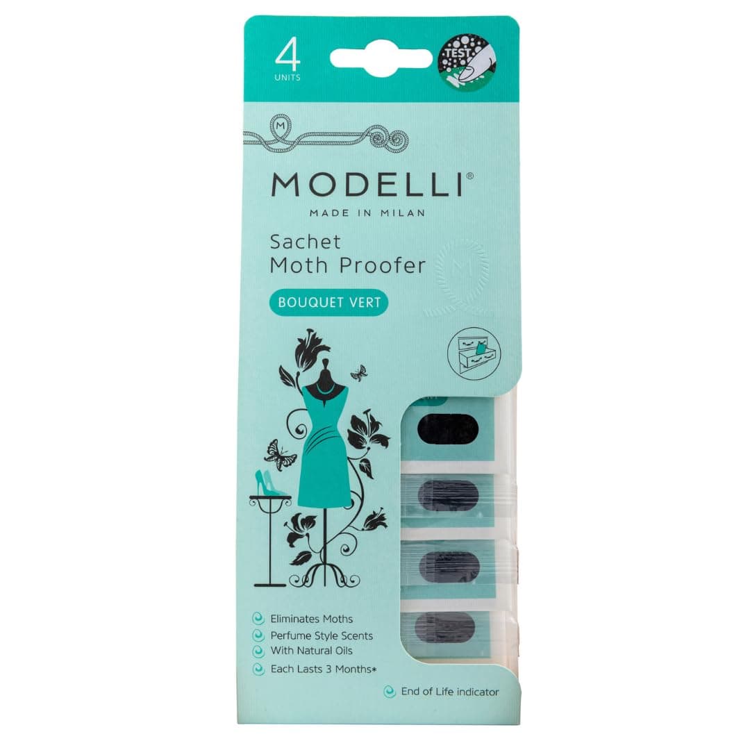 Modelli Sachet Moth Proofer, Pack of 4 Sachets - Ideal for Protecting Clothes, Fabrics & Woolens - Bouquet Vert - Visual End of Life Indicator