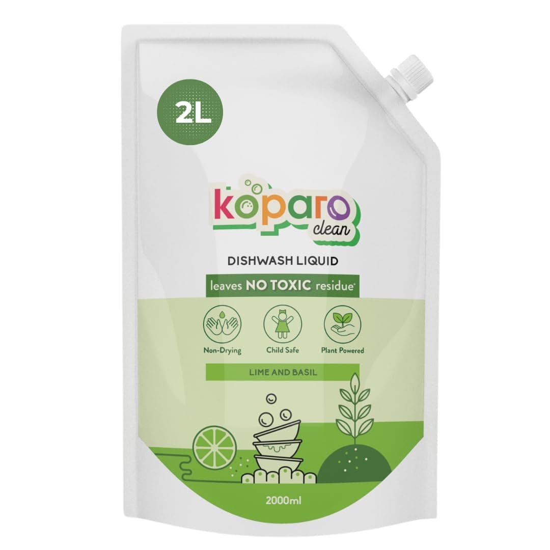 - Koparo Organic Dishwash Liquid | 2 Litres Refill Pack | Powerful Grease Cutting Dishwasher Liquid | Thick Foam Liquid Dishwash for Kitchen Utensils | Baby & Pet Safe | Lime & Basil Fragrance