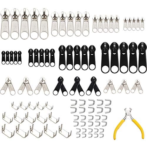 SUBANG 110 Pieces Zipper Replacement Zipper Repair Kit with Zipper Install Pliers Tool, Silver and Black
