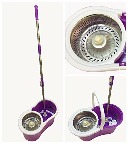 360° Microfiber Easy Spin Mop & Aluminium Basket System Spin Mop Bucket With 2 Microfiber Rotating Dry Head HTUK® (Purple)
