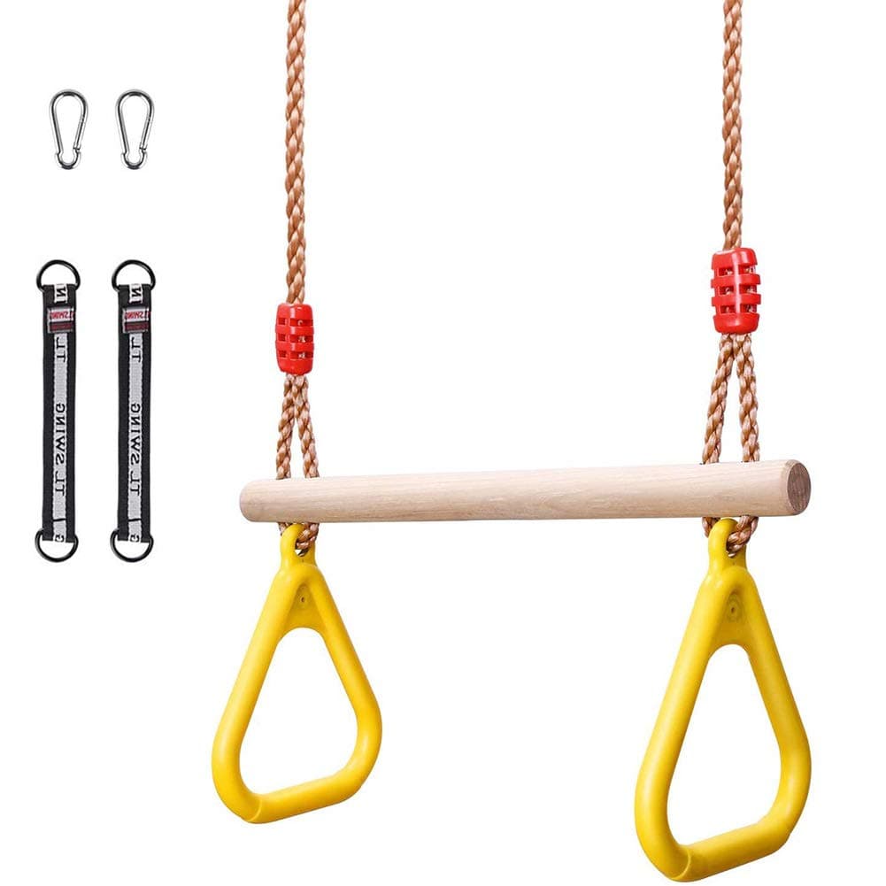 etonweag Children Trapeze Swing Bar with Rings, Swing Set Accessories Outdoor, Indoor Gym Swingset, Wooden Playset with Plastic Rings for Kids with Adjustable Rope, Connection Buckles, Hanging Straps