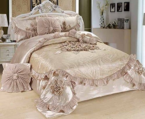 Tache Home Fashion VEMZ002C-K Sweet Victorian 6Piece Satin Luxurious Floral Solid Comforter Set, Creme/Beige/Khaki/Sandy, King