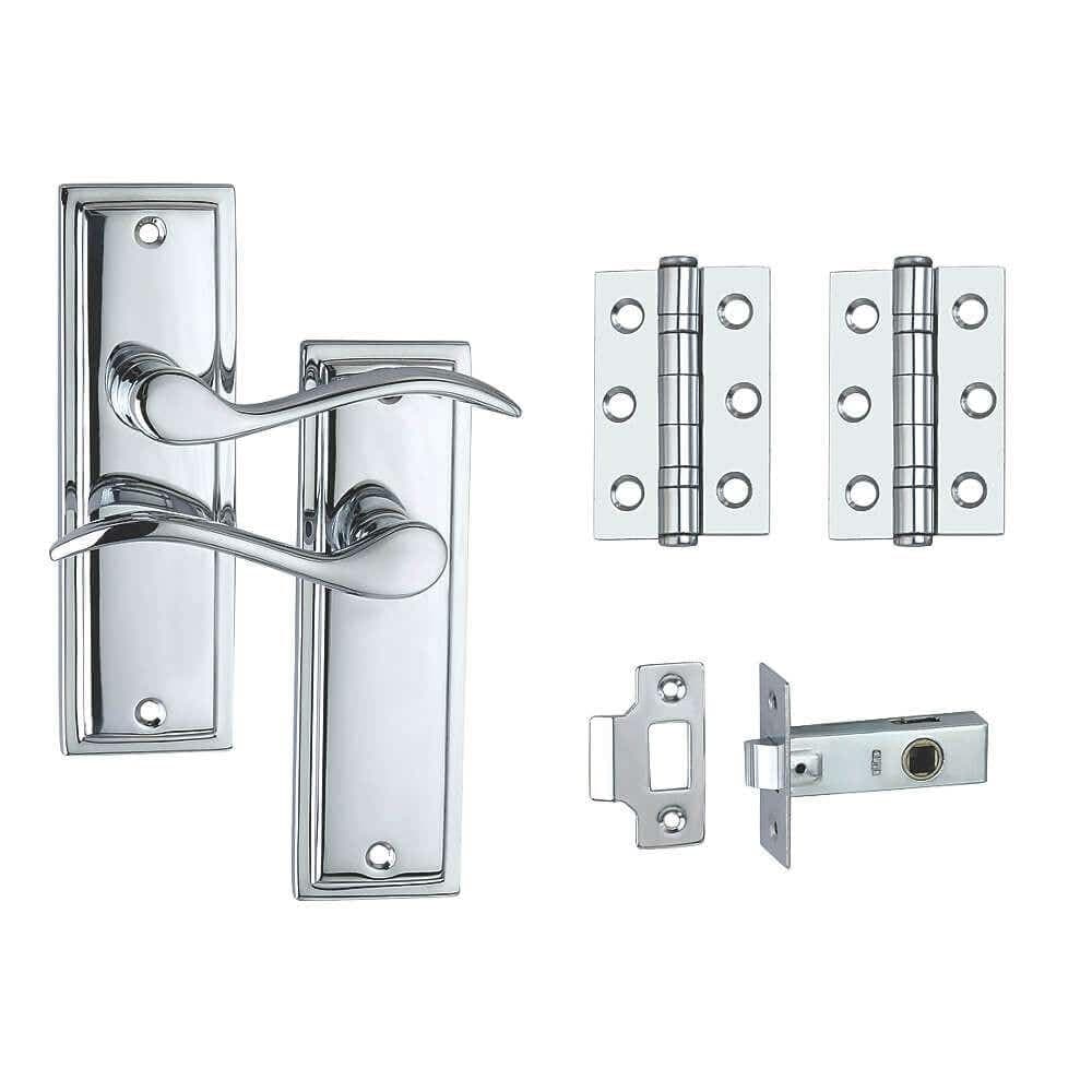 Berkeley Modern Design Lever Door Handle - 64mm Tubular Latch and 76mm Ball Bearing Hinges Included - Polished Chrome - Interior Use