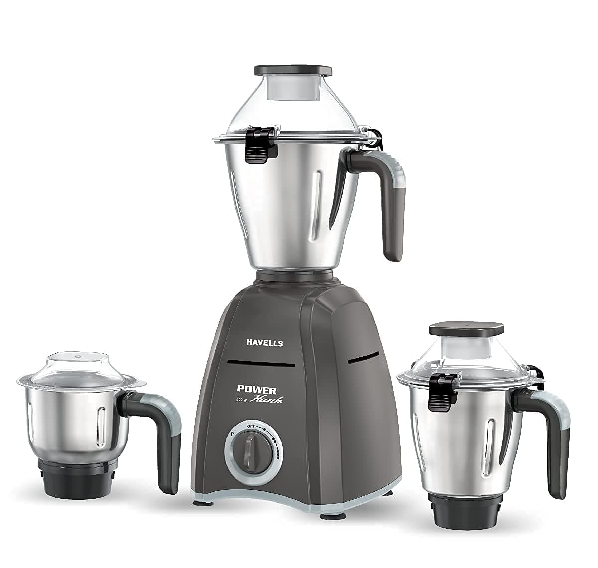 Havells Power Hunk 800 watt Mixer Grinder with 3 Wider mouth Stainless Steel Jar, Hands Free operation, SS-304 Grade Blade & 7 year motor warranty (Grey) (GHFMGDPE080-cr)
