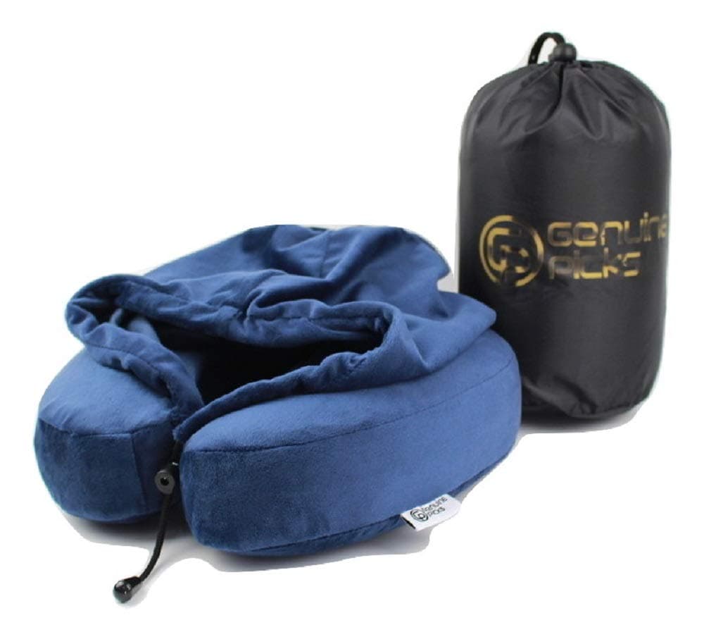 Genuine Picks Luxury Memory Foam Neck Pillow with Hoodie. Lovely Carrying Bag. Soft Quality Fabric. Travel Pillow. Comfortable U Shaped Pillow. Luxury Gifts Idea. (Blue)