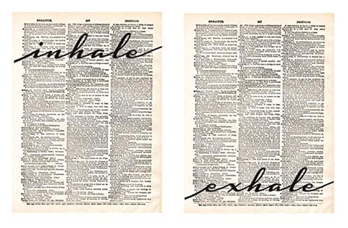 Inhale Exhale (2-Set) Upcycled Vintage Dictionary Page Wall Art Print Relaxation Yoga Cursive Poster Workout Bedroom Bathroom Home Decor Old Antique Toilet Minimalist Breathe Zen Inspiration (8x10)
