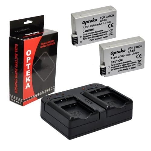 Opteka DBC-LPE8 AC/DC Dual Battery Rapid Charger with 2x Opteka LP-E8 LPE8 2000mAh Ultra High Capacity Li-Ion Battery Pack, Works with Canon EOS Rebel T2i T3i T4i T5i 550D 600D 650D 700D Kiss X4 X5 X6 X6i X7i DSLR Digital Camera