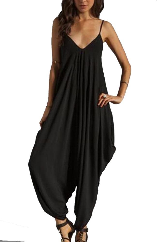 Kufv Women V-neck Spaghetti Strap Loose Jumpsuit Harem Cross Pant Long Rompers