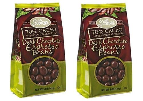 Sconza 70% Cacao Dark Chocolate Covered Espresso Beans (Pack of 2) 5 oz Bags