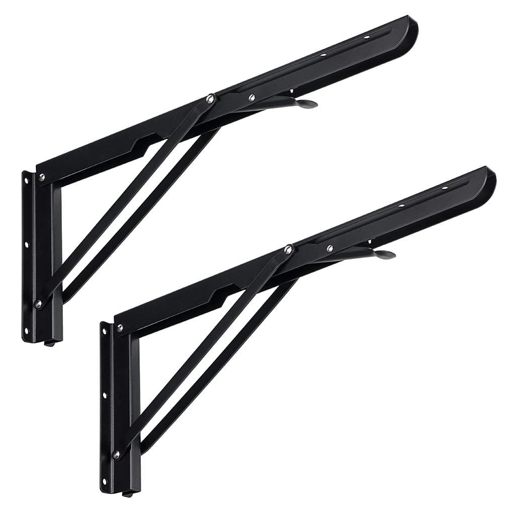 Sumnacon Sturdy Folding Shelf Brackets - Heavy Duty Metal Triangle Table Bench 2 Pcs Folding Shelf Bracket White for Wall Mounted (16 Inch Black)