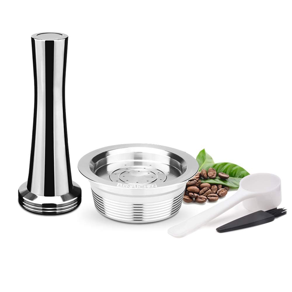 BENFUCHEN Refillable Coffee Capsules Stainless Steel Reusable Coffee Pods Compatible for Lavaza A Modo mio Jolie, Espria, Lavazza Minu Three Models Brewers (capsule+tamper)