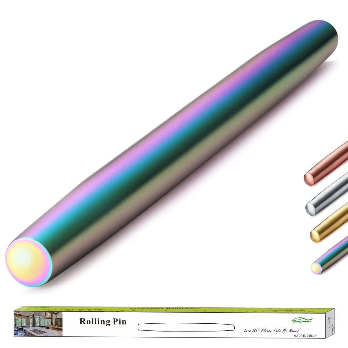 Berglander Stainless Steel Rolling Pin Matte Finish with Rainbow Titanium Plating for Baking Pizza Dough, Pie, Cookie, Essential Kitchen Utensil Gift Ideas Gor Bakers.