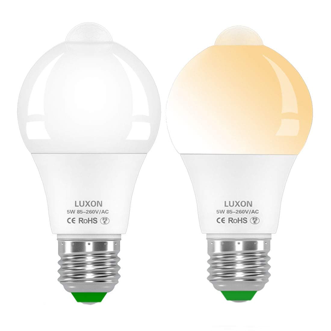Motion Sensor Light Bulb 5W Dusk to Dawn PIR Built-in Motion Detector Bulbs E26 Base 2700K Soft White LED Night Lights 2-Pack by LUXON