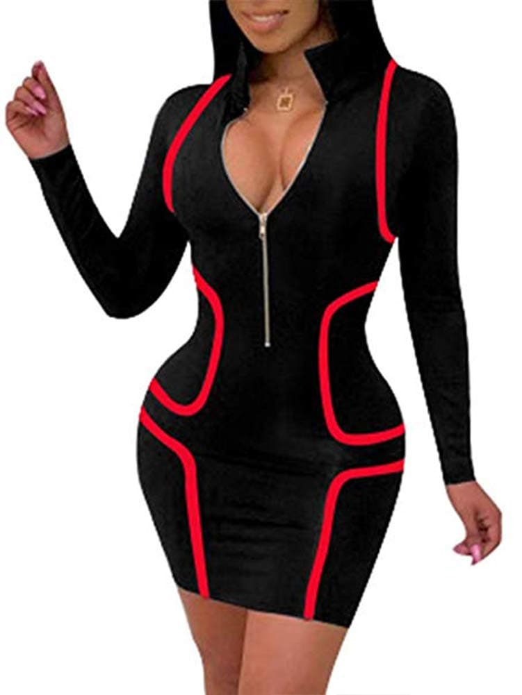 Women's Sexy Zip Front Plus Size Bodycon Club Mini Dresses