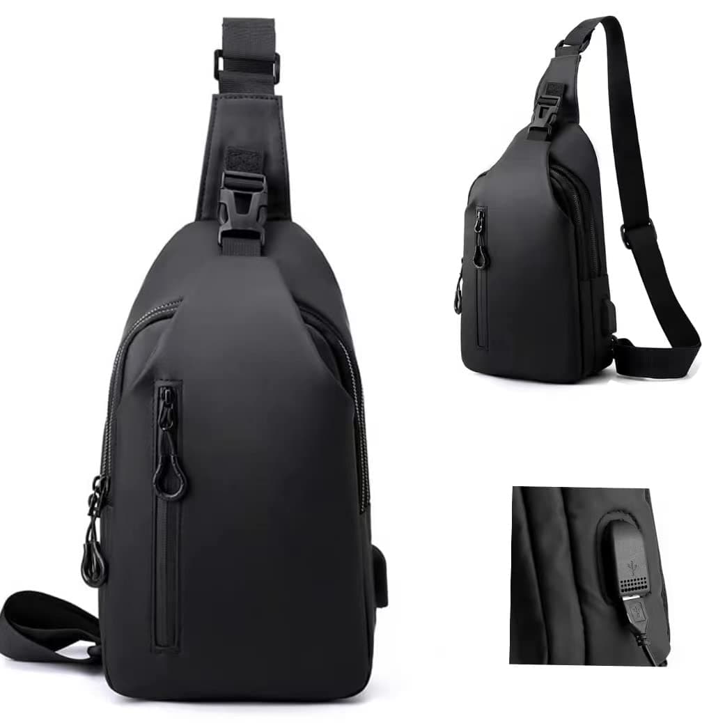 Sling Crossbody Bag Small Shoulder Backpack for Men,External USB hole design,Waterproof Slim Chest Bags Casual Daypack for Travel Cycling
