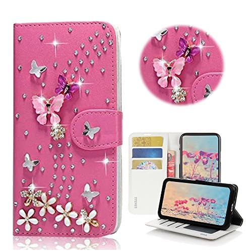 STENES Moto E5 Plus Case - Stylish - 3D Handmade Bling Crystal S-Link Butterfly Floral Wallet Credit Card Slots Fold Stand Leather Cover Case for Moto E5 Plus - Hot Red