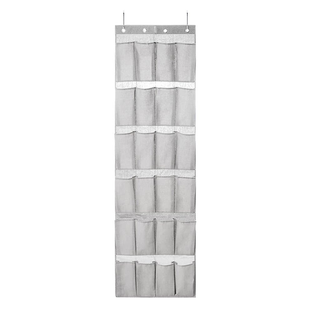 MEETMISS 24-Pockets Over Door Shoe Storage Organiser,Hanging Organizer Shoe Rack with Hooks Flodable Polyester-Cotton Fabric Wardrobes Organiser for Gloves Hat Cup Toy Grey