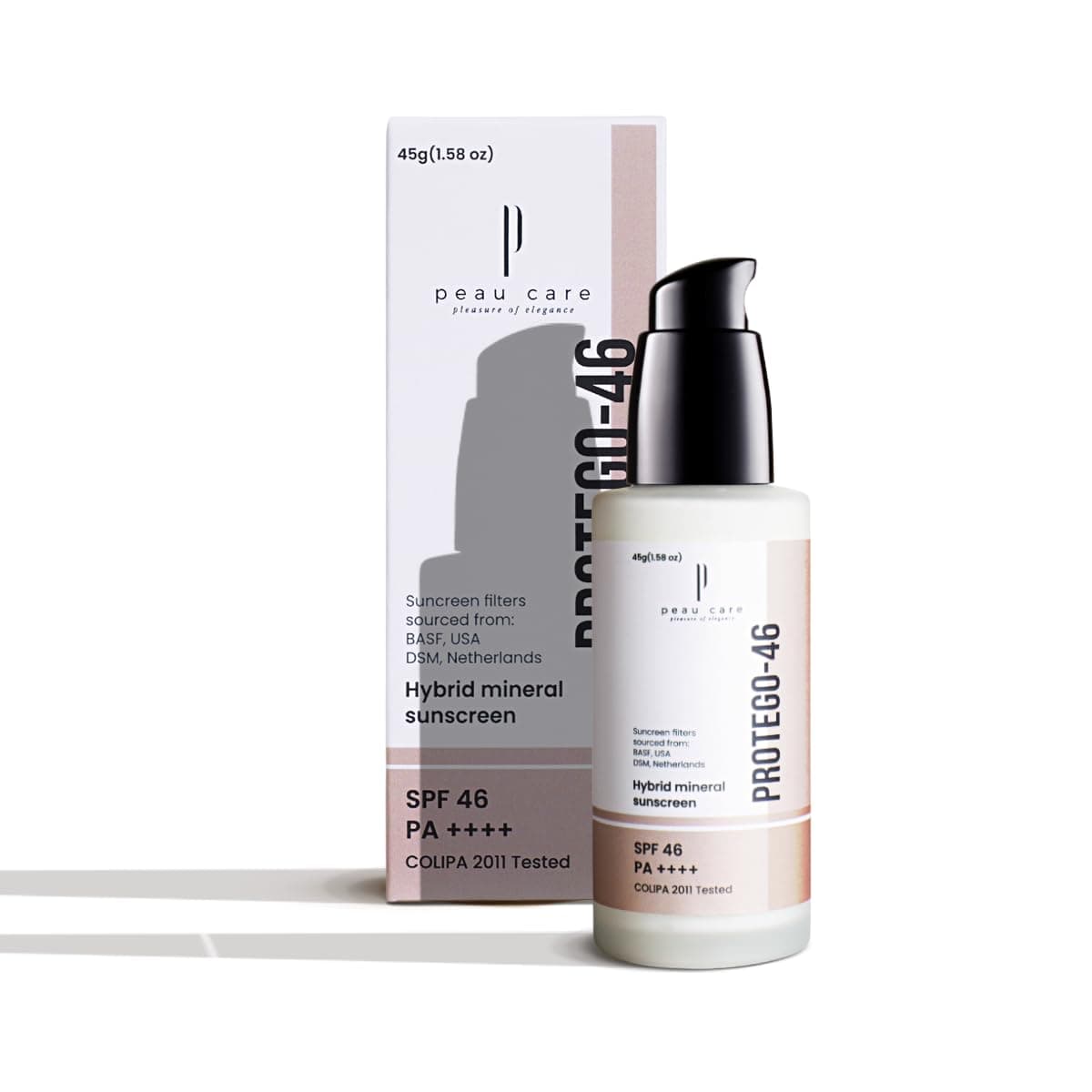 P PEAU CARE Protego 46 PA++++ Tinted Hybrid Mineral Sunscreen – 45g | No White Cast, Lightweight Cream for UVA/UVB Protection | For Dry & Sensitive Skin | SPF 46 Sunscreen