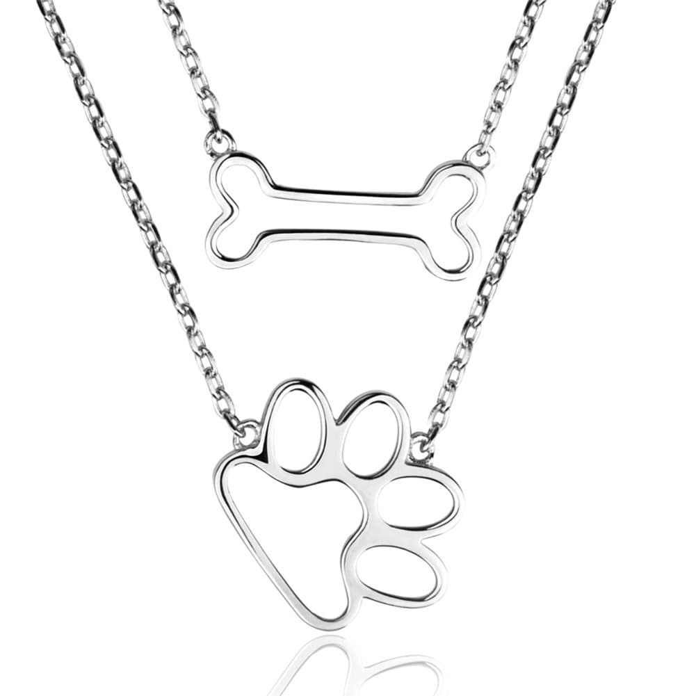 Apotie 925 Sterling Silver Cute Dog Bones and Charm Puppy Dog Paw Pattern Double Chain Pendant Necklaces with White Gold Long Chain for Women