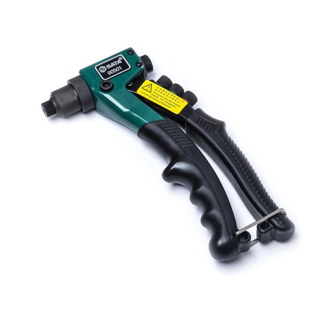 SATA ST90501SC 8-Inch Riveter Gun, with a Heavy-Duty Steel Body and a Spring-Loaded Rubber Handle That Ejects Rivet Stems Automatically