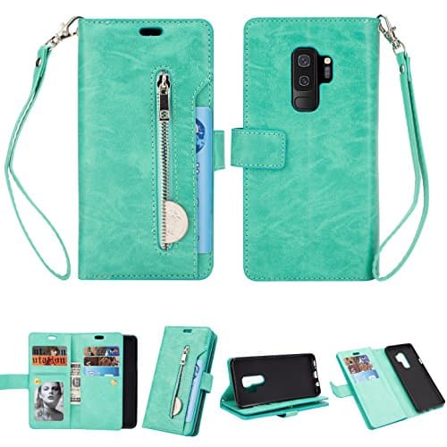 FLYEE Samsung S9 Plus Case,Galaxy S9 Plus Wallet Case, 10 Card Slots Premium Flip Wallet Leather Magnetic Case Purse with Zipper Coin Credit Card Holder Cover for Samsung Galaxy S9 Plus Green