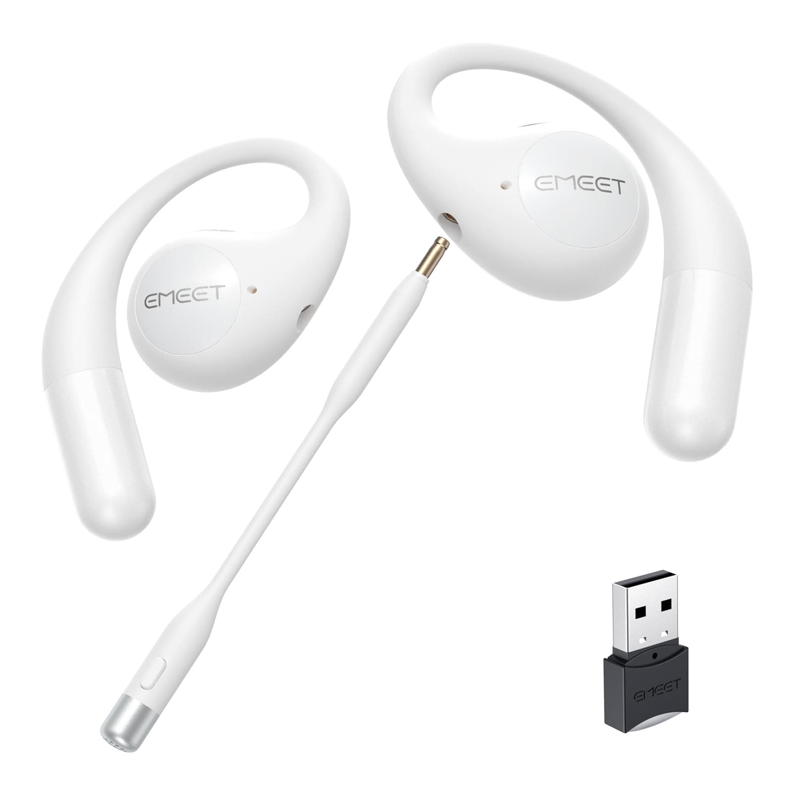 EMEET Airflow Open Ear Headphones with Mic, Bluetooth 5.3 Wireless Headsets with Detachable Microphone, ENC Noise Cancelling, Multipoint Pairing, Bluetooth Headset for Work, Home, Office(White)